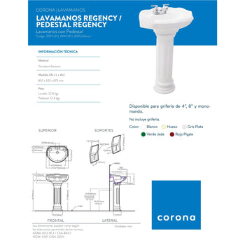 LAVABO Y PEDESTAL REGENCY 4" BLANCO